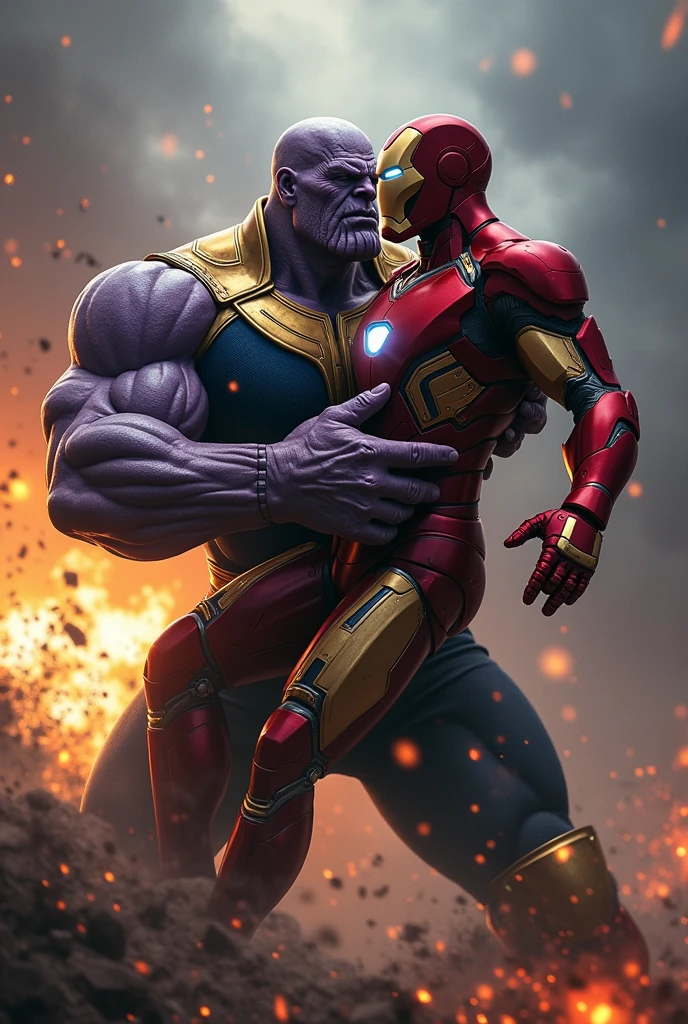 A dramatic scene of Thanos lifting Iron Man by the neck during an intense battle. Thanos, a massive and powerful figure, has a firm grip on Iron Man's neck with one hand, his muscles bulging and expression fierce. Iron Man is slightly off the ground, his armor showing signs of damage with sparks and dents, yet his face is determined, fighting back against the overwhelming force. The background is a chaotic battlefield with explosions, debris, and dark, stormy skies, adding to the tension of the moment. The image should capture the raw power and emotion of the fight, with vivid colors and hyper-realistic details, highlighting both characters' iconic looks.