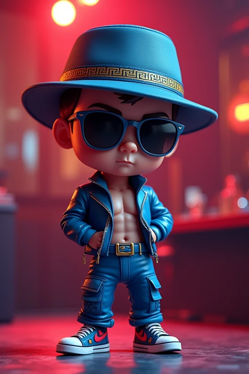 ai art image name "alan ritchson action picture big muscles" rap style beautiful blue pants red details and same color upper body in stylish hat with text "versace logo image, lv sticker", 3d gold font chibi hermosa in fashionable clothes beautiful and stressful ringtones on night club background, 3d view,