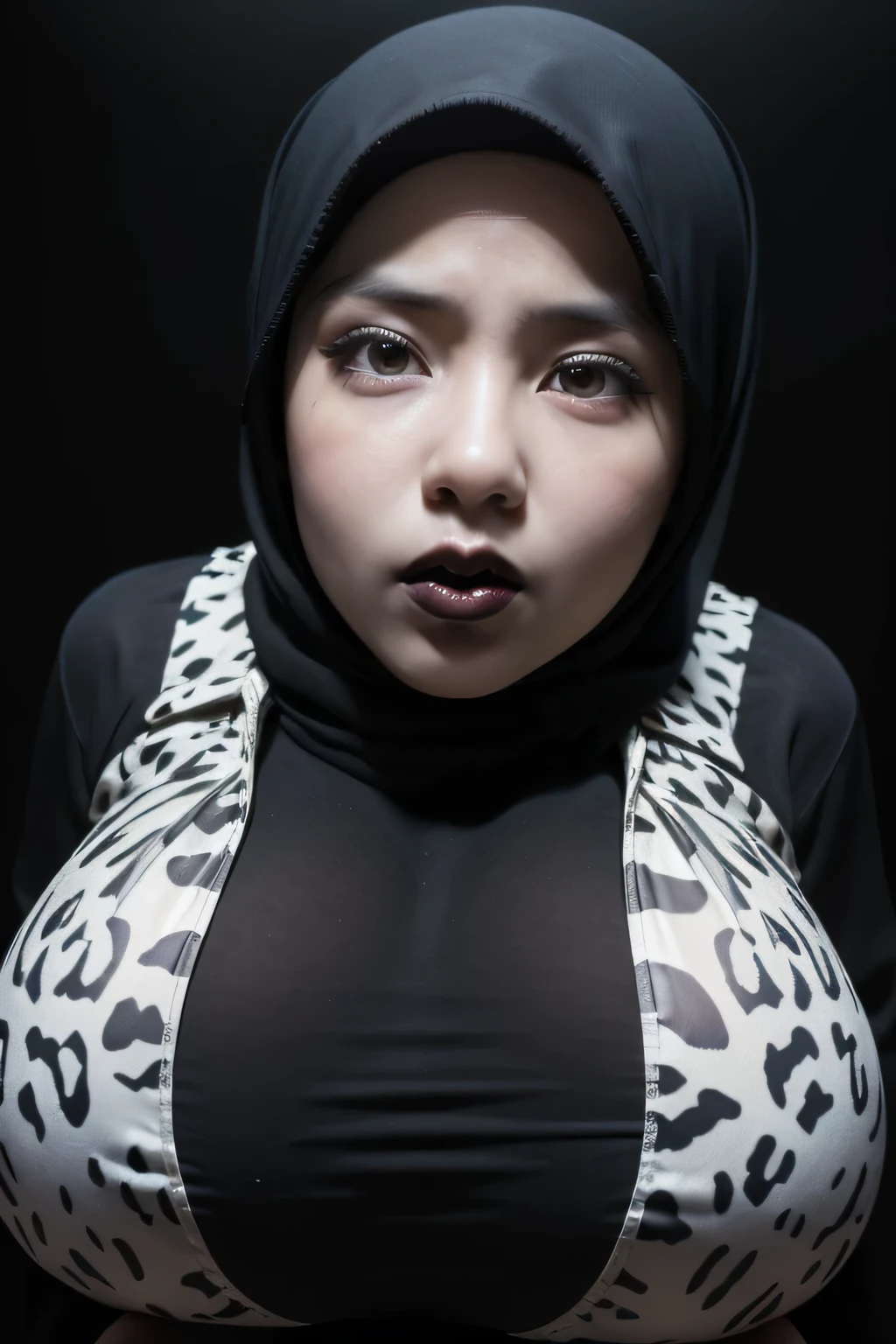 WELCOME TO THE JUNGLE, ((GOTHIC GOTH GIRL BLACK LIPS)), Jumbo (Singlet), Chubby adorable, 1 girl, (face to face), , baby face, angry face expression, half body portrait, (face details: 1), (eye details: 1), ((big breasts)). wearing transparent transparency soft long shirt, hijab, .. Cute posed. proportional body. Ultra High Res. realistic: 1.4, UHD, ((white leopard pattern)), ((Bigger:2.4)), (((DARK BACKGROUND))), ((GIGANTIC:2.1))