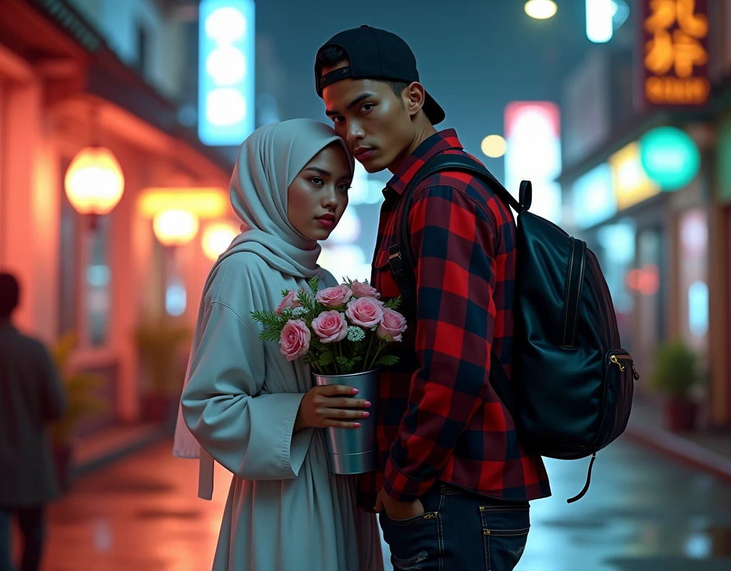 Hyper realistic, a 28 year old Indonesia man walking on the neon cyberpunk street, ideal body, look straight ahead, wearing dark red flannel shirt and dark ripped jeans pants and black hiking hi-shoes with black backward trucker hat, wear dark leather backpack, wear headphone, masculine photoshoot pose, arrogant man expression, together with his beautiful girlfriend wearing white hijab and white long dress and holding a bucket of flowers, romantic, Bandung night town as background. Use soft photography lighting. top lighting. top lighting, slide lighting, high quality photos, UHD, 64k. shot with Canon EOS 5D Mark IV, cinematic portrait, Realistic face, not changing face, no mustache, Real photo, unchanging face, background change. Real Picture 8k ultra, man, gamer, hyper detailed, sharp focus, studio photo, intricate details, highly detailed, photo real, bright colors, digital graphics, unreal engine, blender art, perfect composition, octane rendering, masterpiece, sharp focus, high detail, art station, concept art, perfect composition, a model of ultra-high quality and clarity, perfect play of light and shadow, 32k UHD, hyper-detailing, complex artistic masterpiece, ((best quality)), ((masterpiece)), (detailed), perfect face