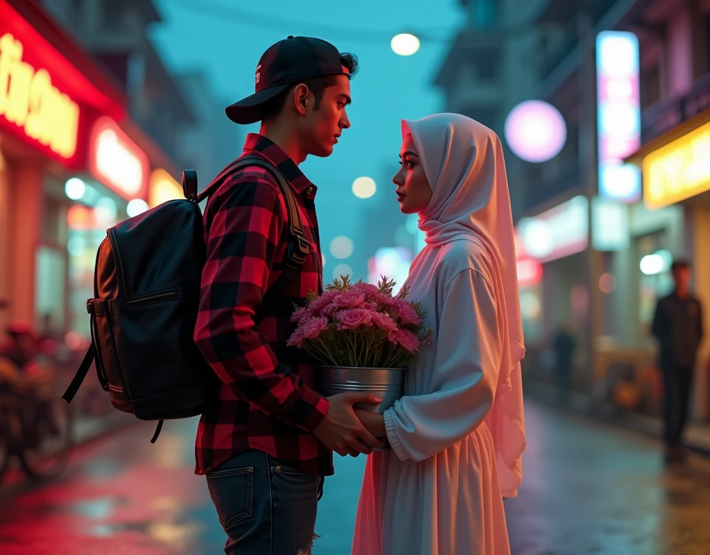 Hyper realistic, a 28 year old Indonesia man walking on the neon cyberpunk street, ideal body, look straight ahead, wearing dark red flannel shirt and dark ripped jeans pants and black hiking hi-shoes with black backward trucker hat, wear dark leather backpack, wear headphone, masculine photoshoot pose, arrogant man expression, together with his beautiful girlfriend wearing white hijab and white long dress and holding a bucket of flowers, romantic, Bandung night town as background. Use soft photography lighting. top lighting. top lighting, slide lighting, high quality photos, UHD, 64k. shot with Canon EOS 5D Mark IV, cinematic portrait, Realistic face, not changing face, no mustache, Real photo, unchanging face, background change. Real Picture 8k ultra, man, gamer, hyper detailed, sharp focus, studio photo, intricate details, highly detailed, photo real, bright colors, digital graphics, unreal engine, blender art, perfect composition, octane rendering, masterpiece, sharp focus, high detail, art station, concept art, perfect composition, a model of ultra-high quality and clarity, perfect play of light and shadow, 32k UHD, hyper-detailing, complex artistic masterpiece, ((best quality)), ((masterpiece)), (detailed), perfect face