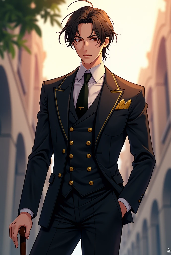 A young man; height of 1.90, white; Brown hair, something wavy, shoulder-length; black eyes; elegant clothes, black jacket and tie, with gold buttons on the jacket and small lines on the tie, also gold in colour; with an elegant cane; anime-style drawing
