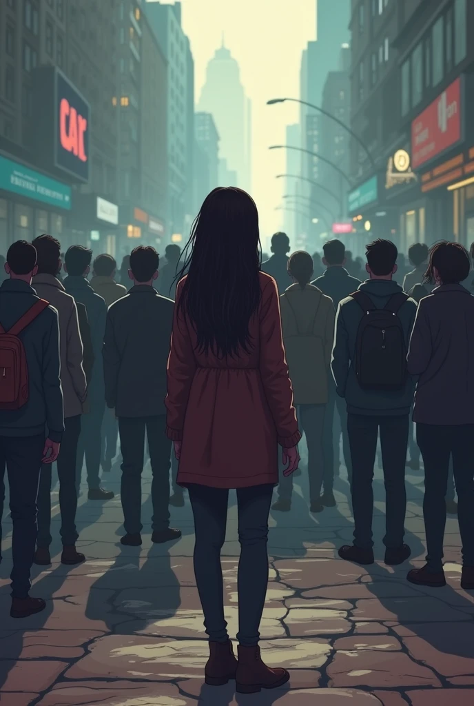 Create an image of a rape victim standing alone asking for help from a distance but alot of crowded people not helping her make the image cartoonish