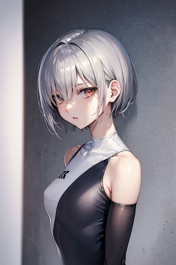 masterpiece, best quality,anime style, 1 girl,(((slender body))), (((small eyes))),(((athlete suit))), (beautiful face), (((short hair))), (((straight hair))), ((((silver hair)))),detailed beautiful skin, (perfect hands, perfect anatomy),scream