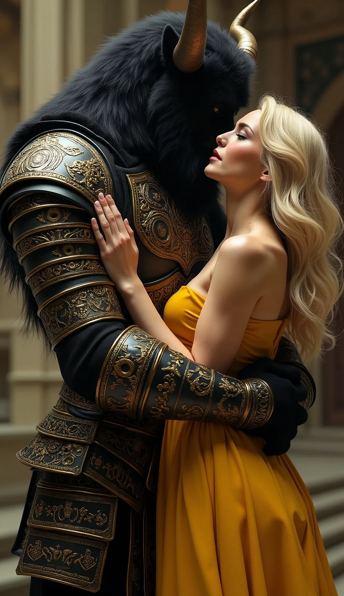 There's a large black-furred muscular male minotaur wearing gloss black renaissance armor:1.4, engraved with gold etching, a beautiful blonde woman is standing wearing a yellow buxom gown, he is standing behind her reaching around to hold her, she is moaning in extasy