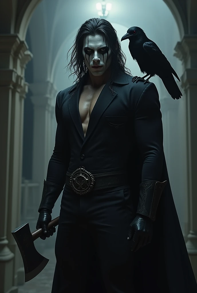 Make me a full-body man with long hair ,black clothing and white paint on the face and a raven on his shoulder and attractive and an axe