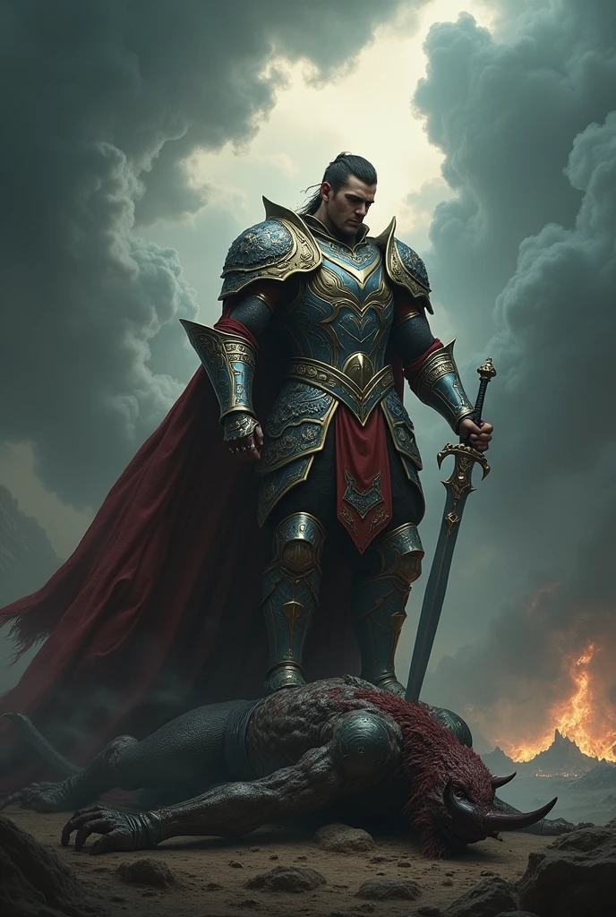 Imagine San Miguel with armor, a sword, and stepping on a demon, background with dark clouds, hyperrealistic