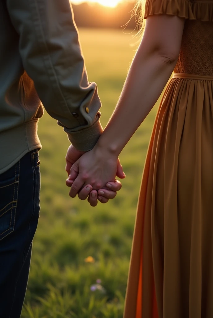 The back of a white couple holding hands in the evening at a grassy park.、Close up hands