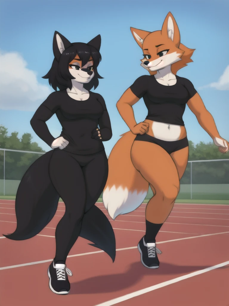 Furry, fox, female, black shirt, black leggings, shoes, running track, friends, full body