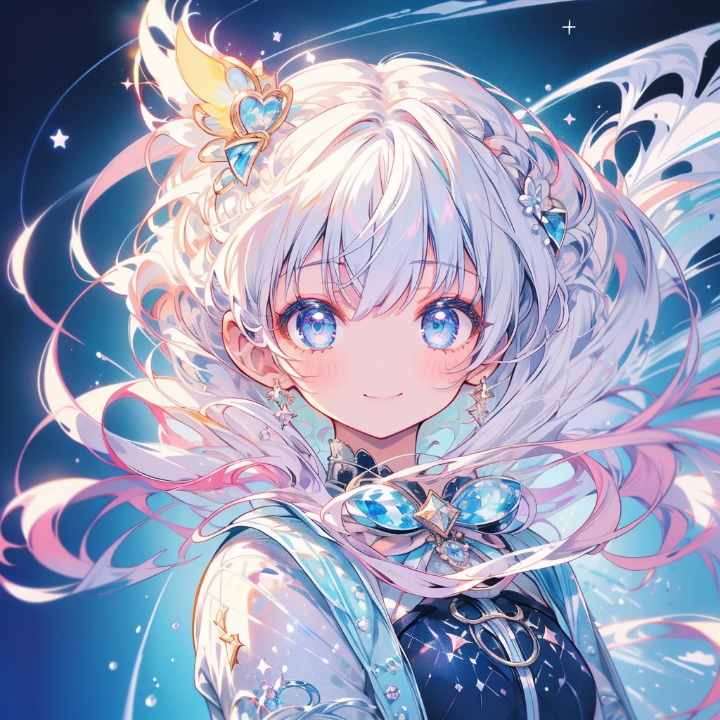 1girl,Masterpiece、Highest quality、Delicate expressiveness、About 10 years old、White Hair、smile、river、流れstar、流star群、star、night、(((Composition from above))),Diamond dust、