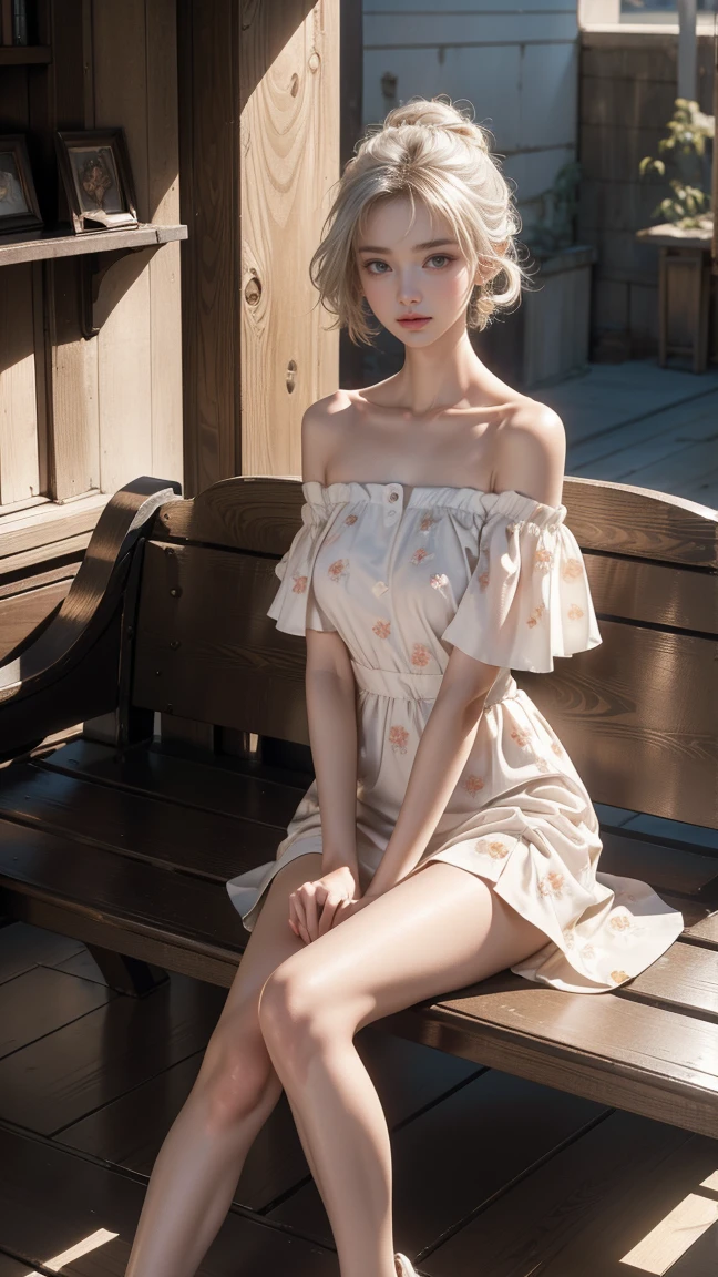 ((A woman sitting on a bench on the balcony of an ancient city)),(Sitting with legs crossed)、(White high heels)Heterochromia iridis,Silver-haired,High resolution free,(半透明Off-the-shoulder white floral dress)、(Wind blows my skirt)、Highest qualityの作品,Actual work,Ultra Premium Graphics,8K HD CG Works,High Quality Graphics,High-definition CG works,10x pixels,Extremely fine detail:1.1,Advanced Technical Details:1.1 Photorealistic,Natural light:1.5、((Golden White Short Hair))、(Bob Hair)、Thin eyebrows、High nose、Nice red lips、Rose Cheeks、Face with Subtle Makeup、Cute Face、Perfectly balanced face、()、Bright Toned Foundation Enhances Skin Transparency。、、(Off-the-shoulder white floral dress)). 40k、photograph、Tabletop、Highest quality、((1 Beautiful Eyes、bright hair、White skin、 Mr.々Pose。((Medium chest、:1.1))、Highest quality、Tabletop、Ultra-high resolution、(Real:1.4)、RAWphotograph、(Perfect Figure)、(slim:1.3)、slimな腹部、パーフェクトslimフィギュア、Dynamic Pose、One person、Cold light 12000K、Very detailedな顔と肌の質感、Fine particles、Realな目、美しいFine particles、(Realな肌)、Charm、Ultra-high resolution、Surreal、Very detailed、