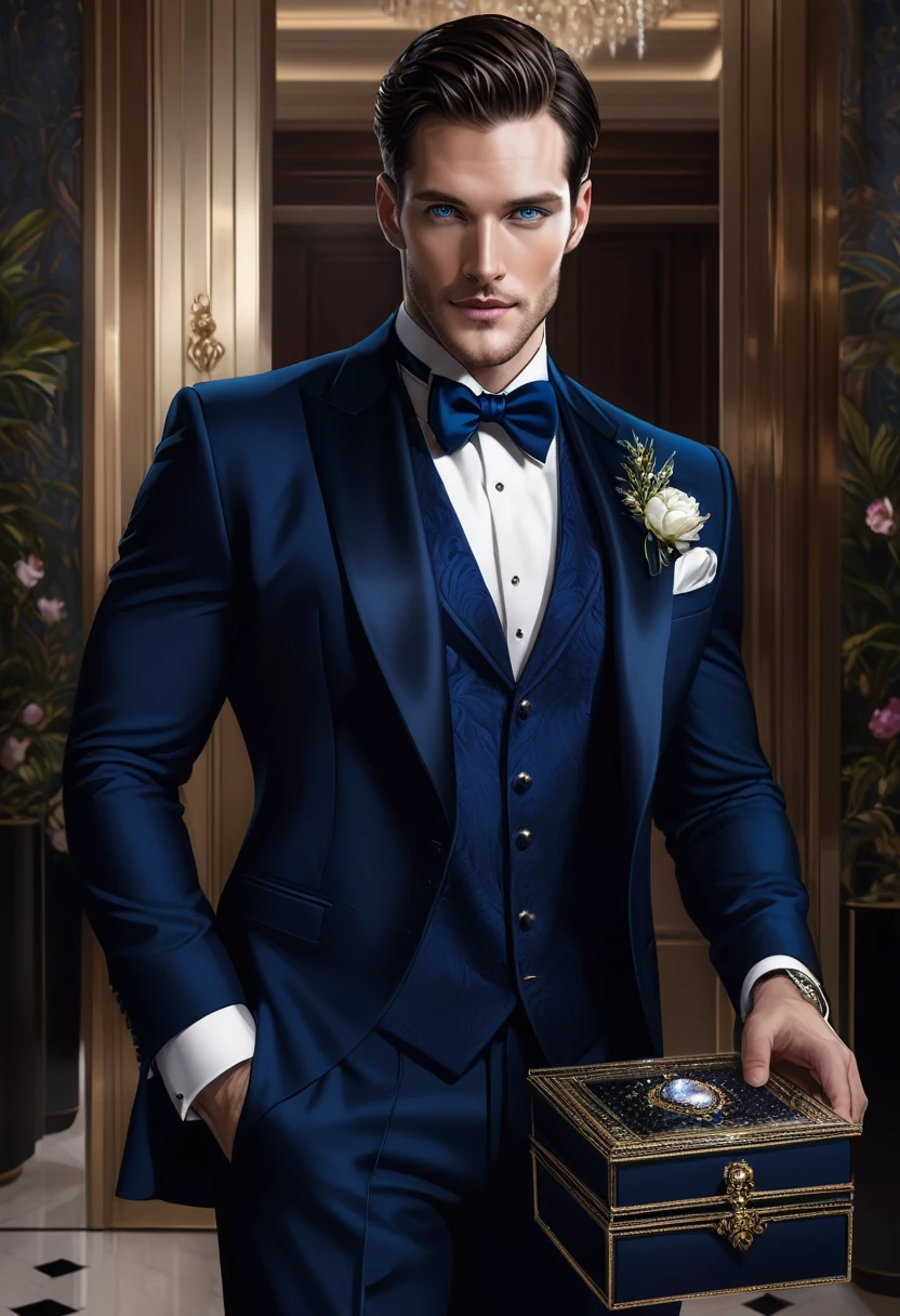 A 34 year old man, dark haired, short, blue eyes and beautiful like Chris Wood in front of the door of a luxurious hall, with a jewelry box in hand, wearing a tuxedo
