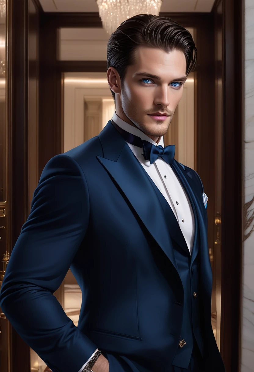 A 34 year old man, dark haired, short, blue eyes and beautiful like Chris Wood in front of the door of a luxurious hall, with a jewelry box in hand, wearing a tuxedo
