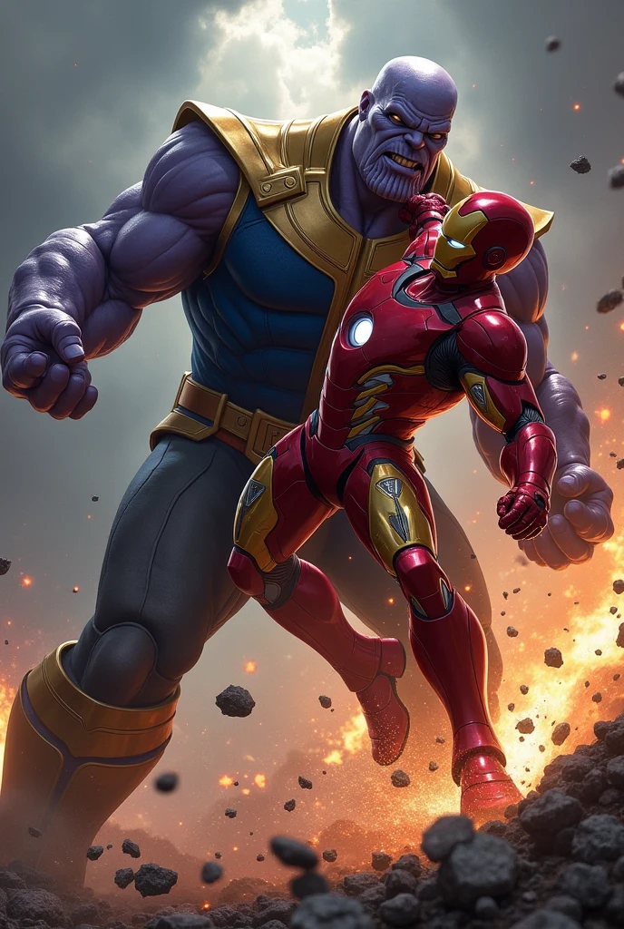  A dramatic scene of Thanos lifting Iron Man by the neck during an intense battle. Thanos, a massive and powerful figure, has a firm grip on Iron Man's neck with one hand, his muscles bulging and expression fierce. Iron Man is slightly off the ground, his armor showing signs of damage with sparks and dents, yet his face is determined, fighting back against the overwhelming force. The background is a chaotic battlefield with explosions, debris, and dark, stormy skies, adding to the tension of the moment. The image should capture the raw power and emotion of the fight, with vivid colors and hyper-realistic details, highlighting both characters' iconic looks.
