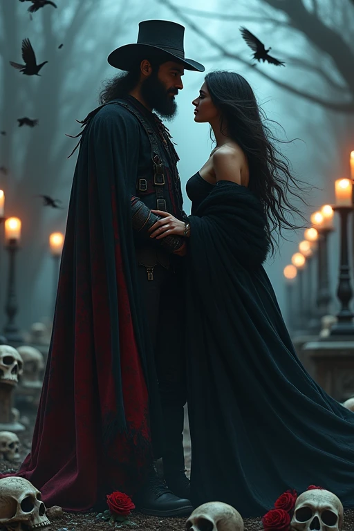 man, barba, black and red old hat, clothes bench, black cape, smile, risa, smiling, bright blue eyes, calaveras, cemetery, candles, trident , black feathers, Bones, beautiful woman, black fur, corona, red cape, sexy dress, rose, Cigarettes, both SMILE , Storm, wind