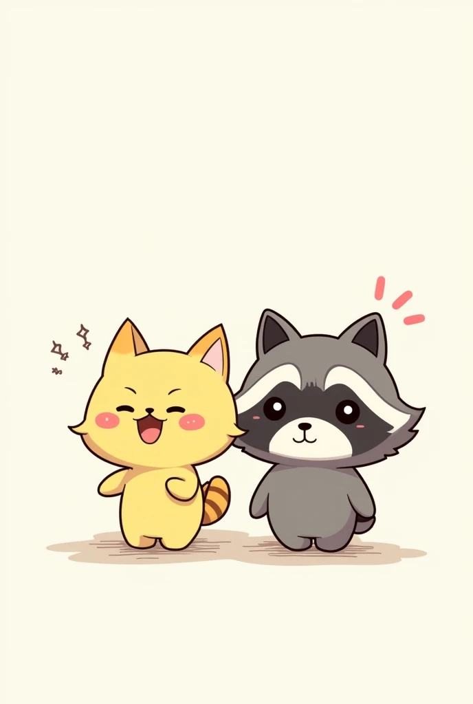 A chibi anime cartoon drawing of a yellow kitten with elongated eyes and a gray raccoon with thick eyebrows