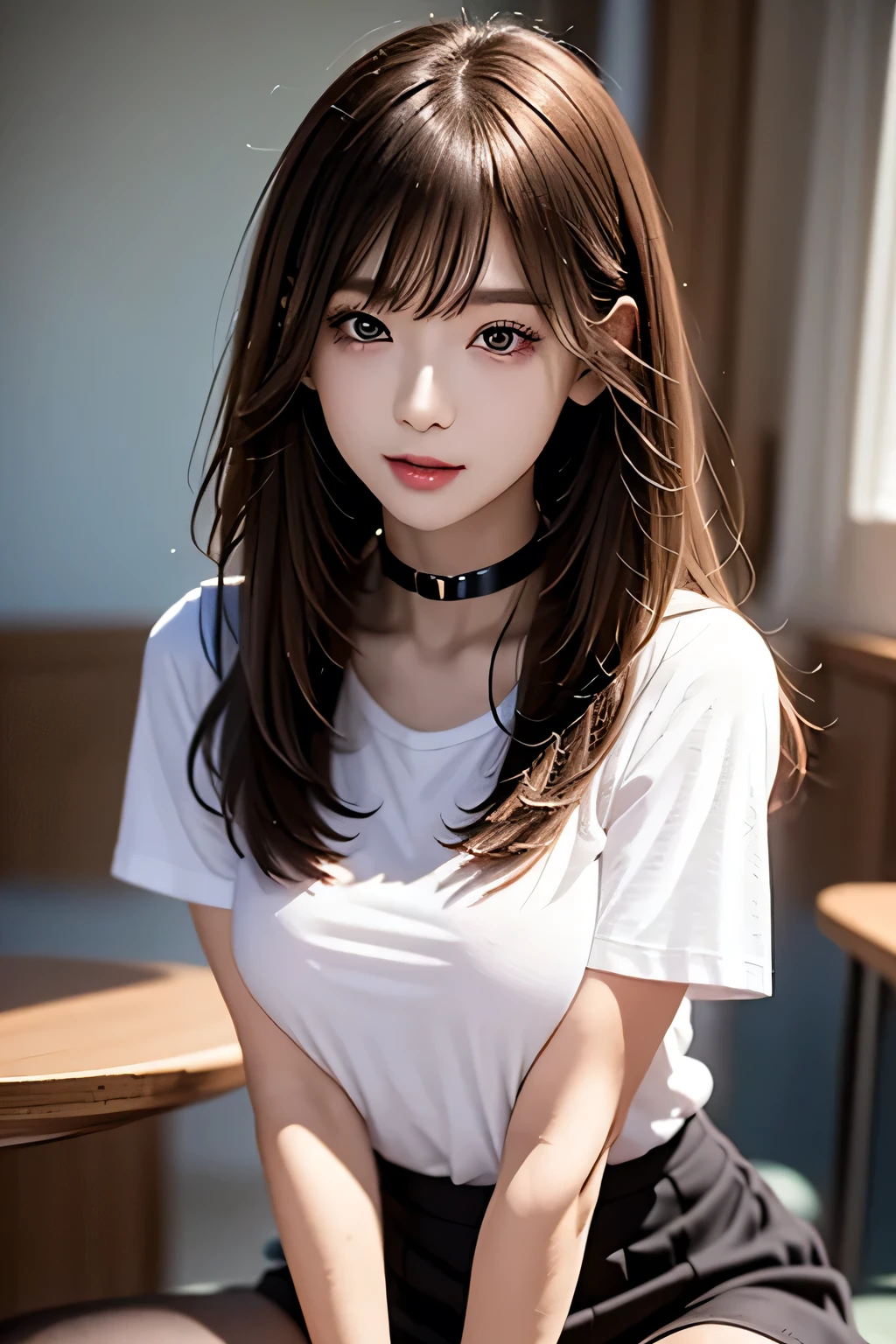 Highest quality, masterpiece, Bright lighting、8k、sf、Highest quality、masterpiece：1.2、（Tabletop：1.2)、、university student、Tabletop、RAW、Brown Hair, bangs, Long Straight Hair、16mm、Natural Makeup, Black choker, Almond Eye、Big Breasts、ultra-realistic、Bright lighting、Oppressive atmosphere、photograph、Very long eyelashes、Very long tongue、Happy expression、((Tentacles crawling out from under the clothes.)), Tentacles emerging from the body、((White T-shirt、mini skirt、uniform))、Big Breasts、Wet tentacles、Moist tentacles、Mucus、classroom、Pink tentacles、Pink tentacles crawling out of the girl、Pink tentacles coming out of a woman、Pink tentacles growing on a woman、parasitic、Woman parasitized by pink tentacles、Tentacles parasitic on a woman