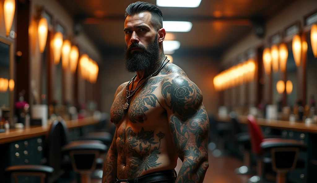 GENERATE IMAGE/Photo, Ultrarealistic, 1792x1024:
a heavily tattooed and pierced barber in an empty luxury barber shop room, Very charismatic, externally interesting, 190 cm tall, 49 years old, Russian
Style:
modern and atmospheric, with an emphasis on detail. The main focus is on the expressiveness of the character and the luxurious setting of the barber shop.
angle:
angle выбран так, to show the barber in a close-up from the waist up. This allows you to focus on his charismatic image, tattoos and piercings. The barber occupies the central place in the frame, leaning slightly towards the camera, which creates an effect of intimacy and engagement of the viewer. The background shows the perspective of the barber shop space, fading into the distance, which adds depth to the image.
Color palette:
Color palette выдержана в теплых, in rich colors. Dark and rich colors predominate: deep brown and black interior hues, golden yellow and soft warm light accents, illuminating tattoos and details of the room. The barber's skin tone is natural, but somewhat enhanced for contrast with his dark tattoos and clothing. tattoos, In turn,, stand out in bright colors, including dark blue, red and green hues, which emphasizes their complexity and attention to detail.
Lighting:
Lighting в кадре мягкое, with an emphasis on the barber's face and his tattoos. Light comes from above and slightly to the side, creating pleasant shadows, which emphasize the texture of the skin, tattoos and piercings. The rest of the barber shop space is more dimly lit, so as not to distract attention from the main character.