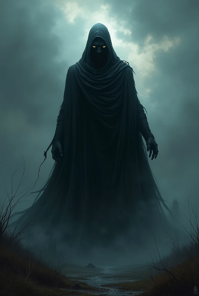 Make a black humanoid with a strong dark robe, with powers of darkness