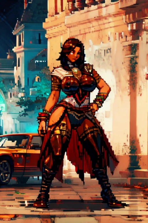 The woman, Altaïr's suit boots to the knee, Bracelets on the legs, socks, stockings, Jerusalem in the background, ((evening, night)), very detailed, Realistic long-term photography, 4k, (((short hair, brown hair))), ((shocks, garagantilla)),bracelet, sexy, dark skin, brown eyes, big breasts, big breasts, pussy, NSFW, +18