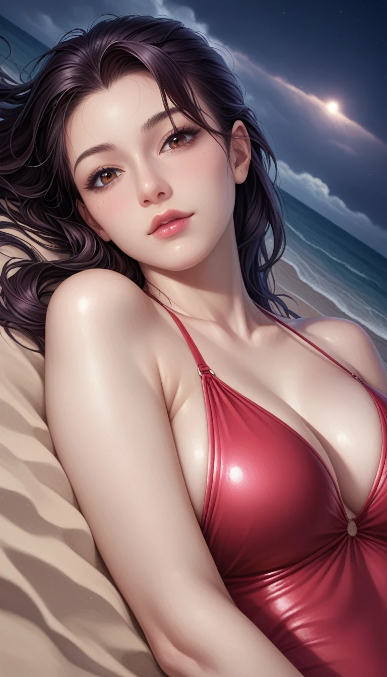 score_9, score_8_superior, score_7_superior, High-resolution CG illustration,A masterpiece in 32K resolution,Highest quality,it is really amazing,Very detailed,Ultra-high resolution,Ultra-realistic,Realistic,Increased depth of field,Cinematic lighting,
Sexy mature Japan woman,
Straight long hair with black hair,Ultra-detailed and beautiful face,Calm and gentle look,Beautiful brown eyes,Translucent white skin,Realistic skin texture,Great proportions,
Elegant red swimsuit,
Simple design,Chic color scheme based on red,Detailed fabric texture,
(Dark overcast sky on a dull night:1.1),(Dark clouds filling the sky:1.1),Thundercloud,Coastline at night,Stormy seas,delay々A desolate sandy beach that continues,
(Lying on the sand with my elbow propped up:1.2),High angle,