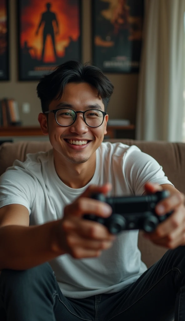 photorealistic, best quality, masterpiece, extremely detailed, ((side view)), 30 year old athletic vietnamese man, no facial hair, glasses, wearing 8bit graphic tshirt, holds out a video game console controller in one hand sideways towards camera, gentle smile, sitting on couch, in masculine bedroom, movie posters on the wall, extremely romantic atmosphere, perfect face, perfect fingers, perfect hands, perfection