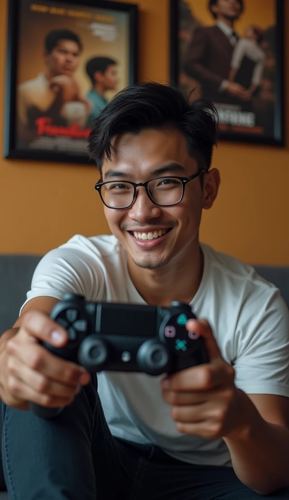photorealistic, best quality, masterpiece, extremely detailed, ((side view)), 30 year old athletic vietnamese man, no facial hair, glasses, wearing 8bit graphic tshirt, holds out a video game console controller in one hand sideways towards camera, gentle smile, sitting on couch, in masculine bedroom, movie posters on the wall, extremely romantic atmosphere, perfect face, perfect fingers, perfect hands, perfection
