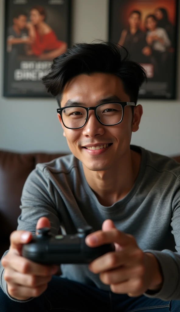 photorealistic, best quality, masterpiece, extremely detailed, ((side view)), 30 year old athletic vietnamese man, no facial hair, glasses, wearing 8bit graphic tshirt, holds out a video game console controller in one hand sideways towards camera, gentle smile, sitting on couch, in masculine bedroom, movie posters on the wall, extremely romantic atmosphere, perfect face, perfect fingers, perfect hands, perfection