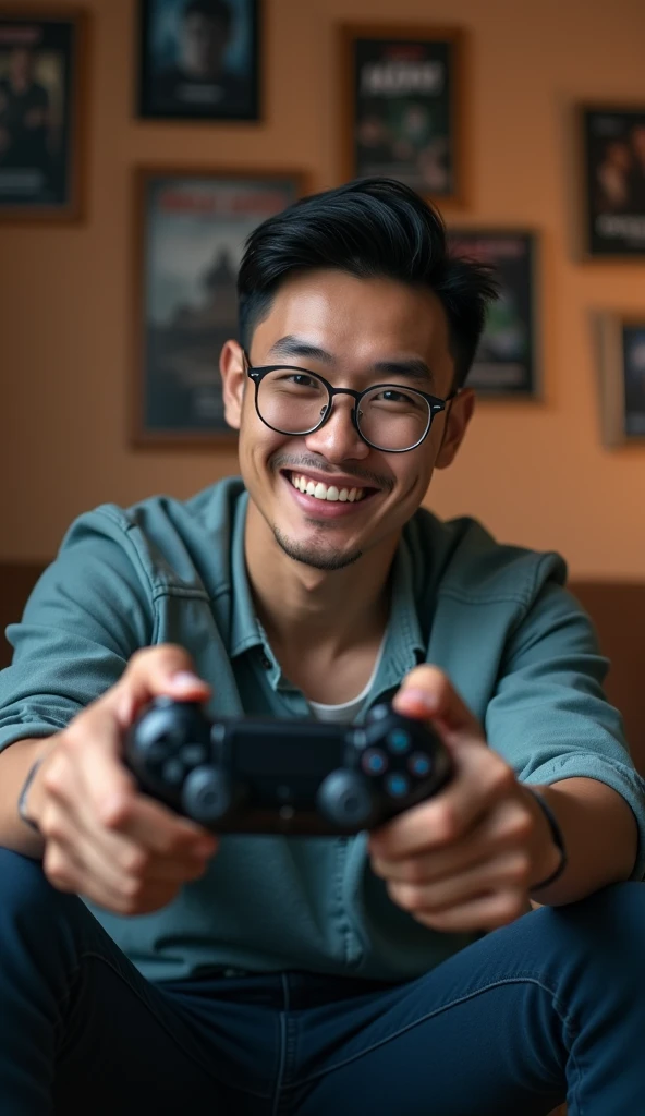 photorealistic, best quality, masterpiece, extremely detailed, ((side view)), 30 year old athletic vietnamese man, no facial hair, glasses, wearing 8bit graphic tshirt, holds out a video game console controller in one hand sideways towards camera, gentle smile, sitting on couch, in masculine bedroom, movie posters on the wall, extremely romantic atmosphere, perfect face, perfect fingers, perfect hands, perfection