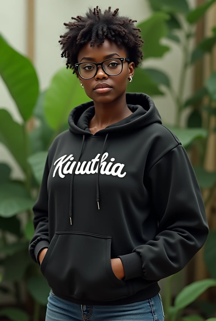 (photorealism:1.2), beautiful black African woman,23 years,big bootie,sharp boobs,,wearing jeans and a fitting hoodie written "Kinuthia", short curly hair,oversized black glasses, standing , plants in background