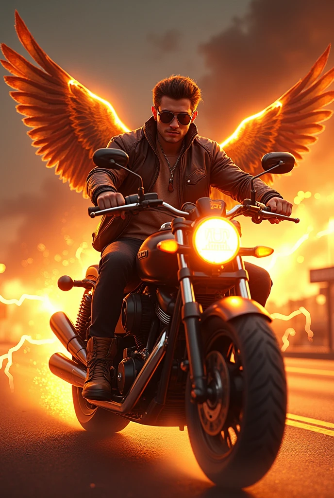 A 25-year-old boy sits on a Brown fire bike on a Brown lightning-lit road. He’s dressed in a Brown fire jacket, black pants, and Brown fire shoes, with sunglasses on. He holds a neon Brown lightning sign with “ರಮೇಶ” in one hand. A Brown fire falcon stands beside him, adding to the intense, fiery scene. and a fire wing behind him