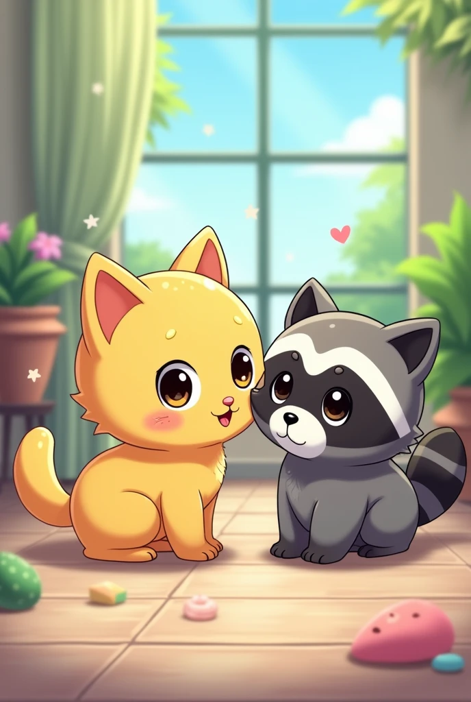 A chibi anime cartoon drawing of a yellow kitten with elongated eyes and a gray raccoon with thick eyebrows 