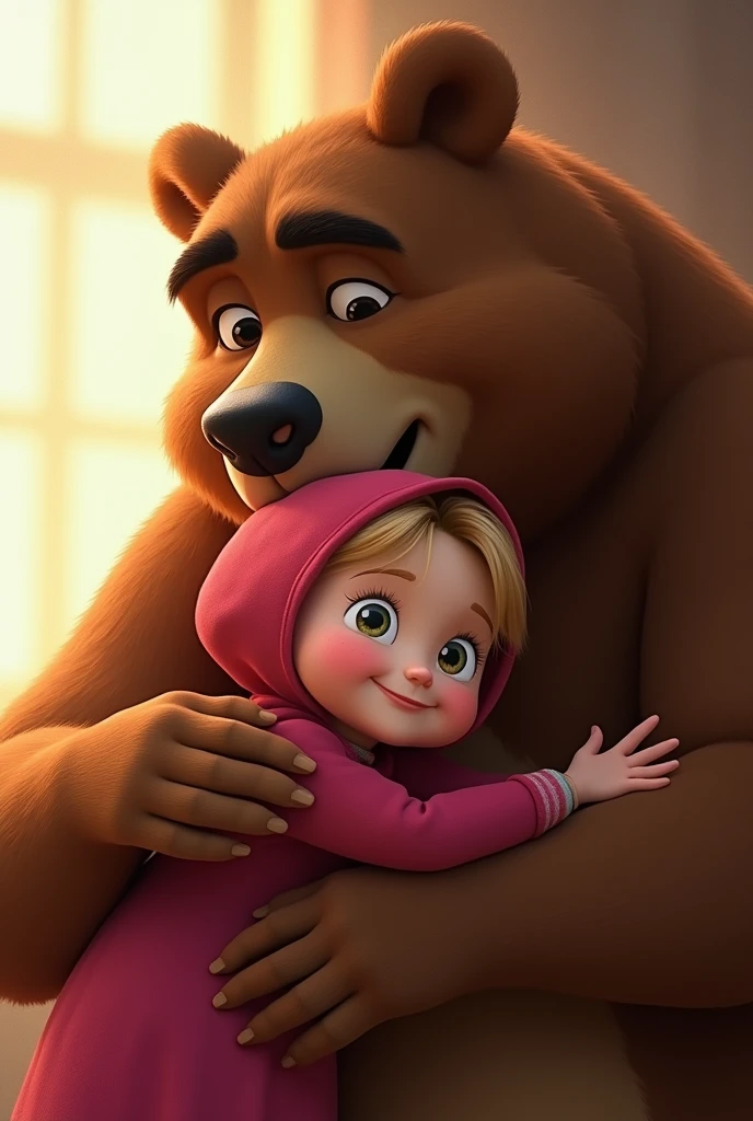 Masha and the bear hugging, with no background scenery. 