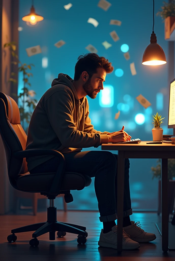 A video game character thinking about a lot of money while sitting down.