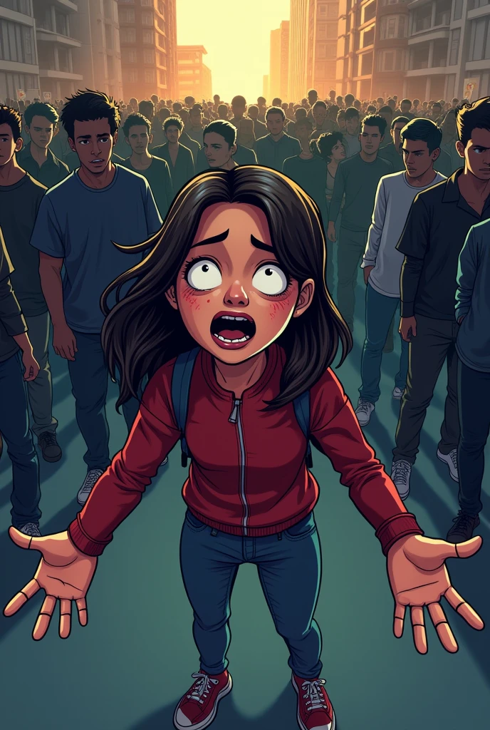 Create an image of a rape victim standing alone asking for help from a distance but alot of crowded people standing one side not helping her make the image cartoonish