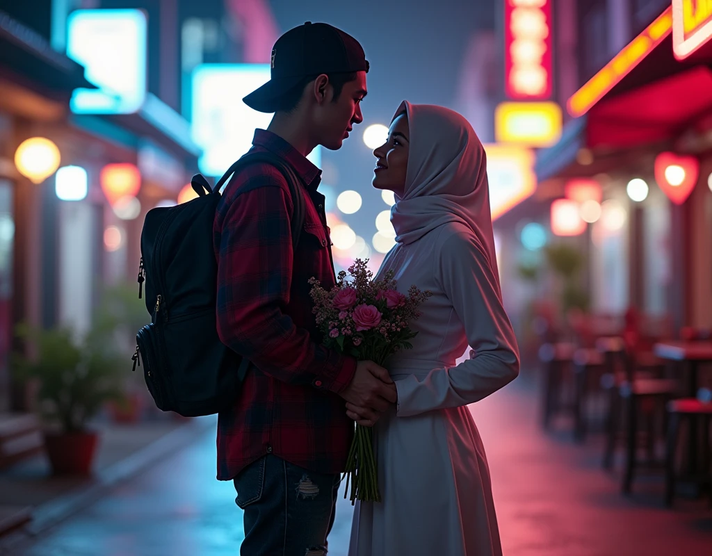 Hyper realistic, a 28 year old Indonesia man walking on the neon cyberpunk street, ideal body, look straight ahead, wearing dark red flannel shirt and dark ripped jeans pants and black hiking hi-shoes with black backward trucker hat, wear dark leather backpack, wear headphone, masculine photoshoot pose, arrogant man expression, together with his beautiful girlfriend wearing white hijab and white long dress and holding a bucket of flowers, romantic, Bandung night town as background. Use soft photography lighting. top lighting. top lighting, slide lighting, high quality photos, UHD, 64k. shot with Canon EOS 5D Mark IV, cinematic portrait, Realistic face, not changing face, no mustache, Real photo, unchanging face, background change. Real Picture 8k ultra, man, gamer, hyper detailed, sharp focus, studio photo, intricate details, highly detailed, photo real, bright colors, digital graphics, unreal engine, blender art, perfect composition, octane rendering, masterpiece, sharp focus, high detail, art station, concept art, perfect composition, a model of ultra-high quality and clarity, perfect play of light and shadow, 32k UHD, hyper-detailing, complex artistic masterpiece, ((best quality)), ((masterpiece)), (detailed), perfect face