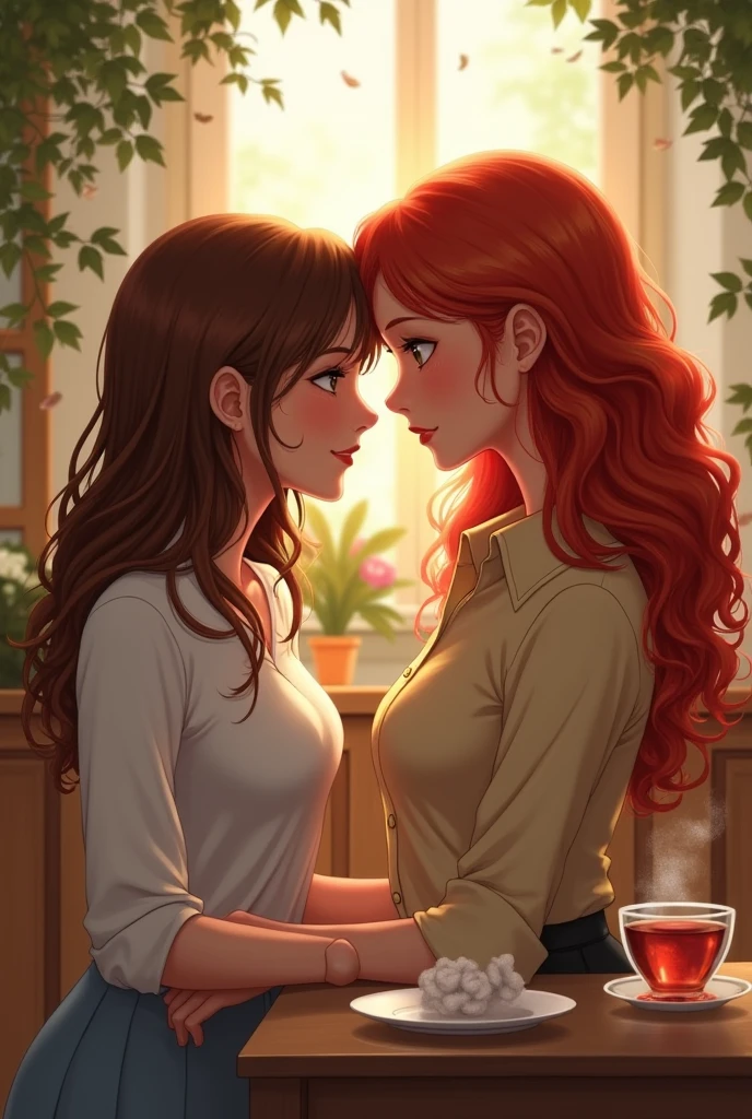a  with brown hair with a red-haired woman