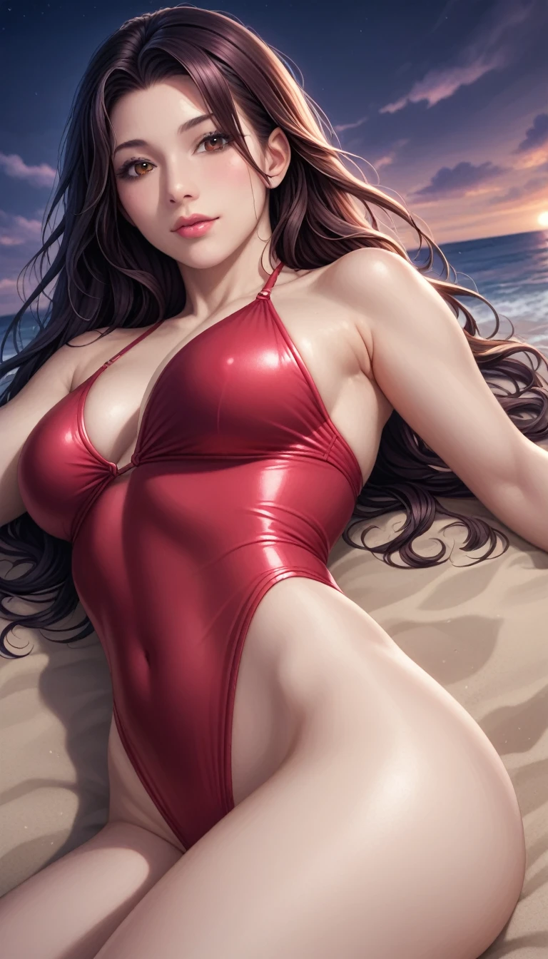 score_9, score_8_superior, score_7_superior, High-resolution CG illustration,A masterpiece in 32K resolution,Highest quality,it is really amazing,Very detailed,Ultra-high resolution,Ultra-realistic,Realistic,Increased depth of field,Cinematic lighting,
Sexy mature Japan woman,
Straight long hair with black hair,Ultra-detailed and beautiful face,Calm and gentle look,Beautiful brown eyes,Translucent white skin,Realistic skin texture,Great proportions,
Elegant red swimsuit,
Simple design,Chic color scheme based on red,Detailed fabric texture,
(Dark overcast sky on a dull night:1.1),(Dark clouds filling the sky:1.1),Thundercloud,Coastline at night,Stormy seas,delay々A desolate sandy beach that continues,
(Lying on my back on the sand:1.2),