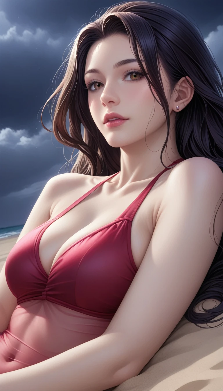 score_9, score_8_superior, score_7_superior, High-resolution CG illustration,A masterpiece in 32K resolution,Highest quality,it is really amazing,Very detailed,Ultra-high resolution,Ultra-realistic,Realistic,Increased depth of field,Cinematic lighting,
Sexy mature Japan woman,
Straight long hair with black hair,Ultra-detailed and beautiful face,Calm and gentle look,Beautiful brown eyes,Translucent white skin,Realistic skin texture,Great proportions,
Elegant red swimsuit,
Simple design,Chic color scheme based on red,Detailed fabric texture,
(Dark overcast sky on a dull night:1.1),(Dark clouds filling the sky:1.1),Thundercloud,Coastline at night,Stormy seas,delay々A desolate sandy beach that continues,
(Lying on my back on the sand:1.2),