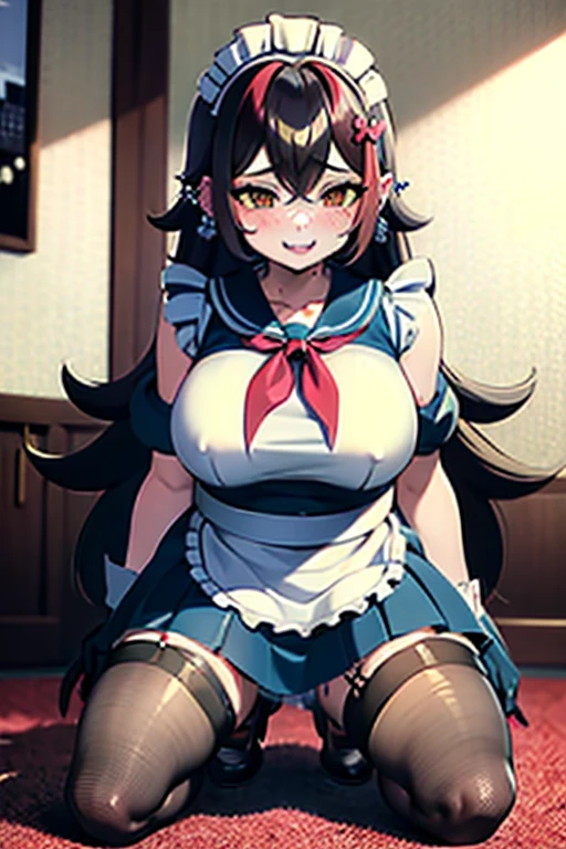 painted smoky makeup, eye shadow, maid girl, silky hair, Wearing hair accessories or earrings, cute smile. she was wearing a maid skirt, white stockings on her legs, and lace gloves. She squatted down and spread her legs. Scenes are random.
((((sexy))))