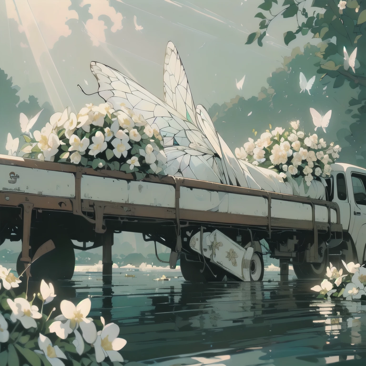 (((Masterpiece, top quality))), (((32K wallpaper))), ultra high resolution, (((close-up))), gorgeous light leak, (((backlit))), highly detailed background, top quality, (((no humans))), highly transparent river, (((extremely detailed rusty heavy truck with many white flowers)),  (((( very dull color )))), (((( white flowers in the water))), (((butterfly))),(((Strong light shines in)))、(((白い羽)))、(((雲と霧)))