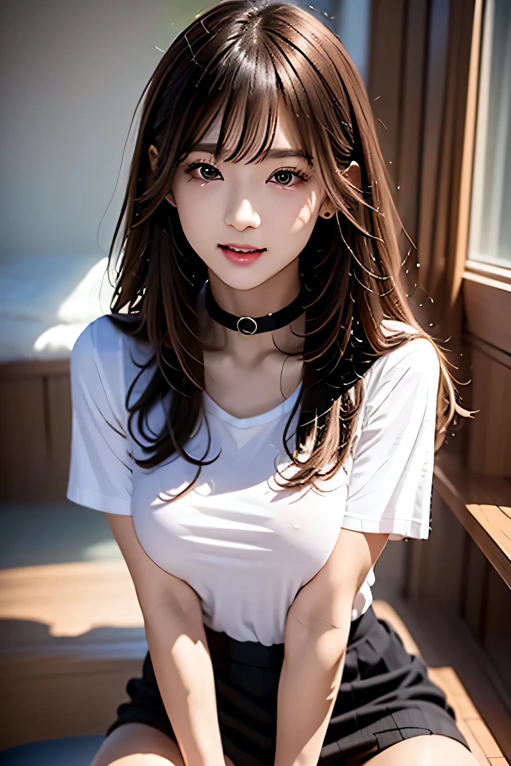 Highest quality, masterpiece, Bright lighting、8k、sf、Highest quality、masterpiece：1.2、（Tabletop：1.2)、、university student、Tabletop、RAW、Brown Hair, bangs, Long Straight Hair、16mm、Natural Makeup, Black choker, Almond Eye、Big Breasts、ultra-realistic、Bright lighting、Oppressive atmosphere、photograph、Very long eyelashes、Very long tongue、Happy expression、((Tentacles crawling out from under the clothes.)), Tentacles emerging from the body、((White T-shirt、mini skirt、uniform))、Big Breasts、Wet tentacles、Moist tentacles、Mucus、classroom、Pink tentacles、Pink tentacles crawling out of the girl、Pink tentacles coming out of a woman、Pink tentacles growing on a woman、parasitic、Woman parasitized by pink tentacles、Tentacles parasitic on a woman