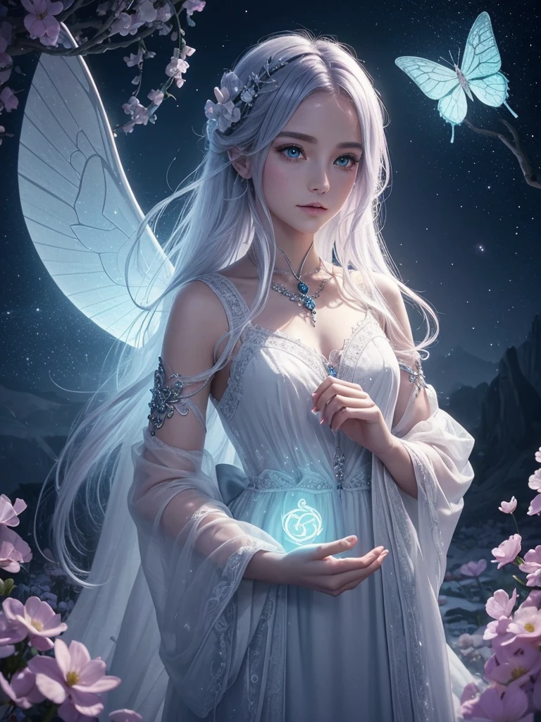 The picture, that you describe, can represent a profound and fascinating visualization of a soul. Here is a detailed description for a matching image:
**backdrop:**
- A mystical, almost ethereal landscape, that represents a magical in-between world. Gentle colors like blue, Purple and silver to show this world, with light light reflections and twinkling stars.
**Central figure:**
- A female figure, that moves in this magical world. Her skin could be slightly translucent or shimmering to emphasize her otherworldly character. She wears tattoos, like old, mystical symbols look
**companion:**
- An elegant, mystical cat with glowing eyes, that sits next to her. The cat has a special charisma, as if he really sees and understands the soul. He radiates a gentle aura, that shows its magical connection to the soul.
**Magical creature:**
- A small, luminous being, that holds a clover in its hands. The clover radiates a warm, golden light from, symbolizes luck and protection for the soul. The creature is delicate and ethereal, with small wings and glitter, to emphasize her magic.
**Change:**
- Die weibliche Gestalt zeigt eine subtile Change in ihren Erscheinungsmerkmalen. there are slight differences in the color of her hair, to clarify, that she is constantly changing, depending on, what she experiences.
**Details:**
- To show the soul faded memories and glowing butterflies, um die Idee der ständigen Change und des Wandels zu zeigen.
**heaven and surroundings:**
- The sky in a mix of soft, hypnotic colors, Fog that complements the image and to enhance the mystical atmosphere.
This image should show the magic, the change and the deep connection between the soul, ihrem companion und dem kleinen magischen Wesen auf eindrucksvolle Weise darstellen.