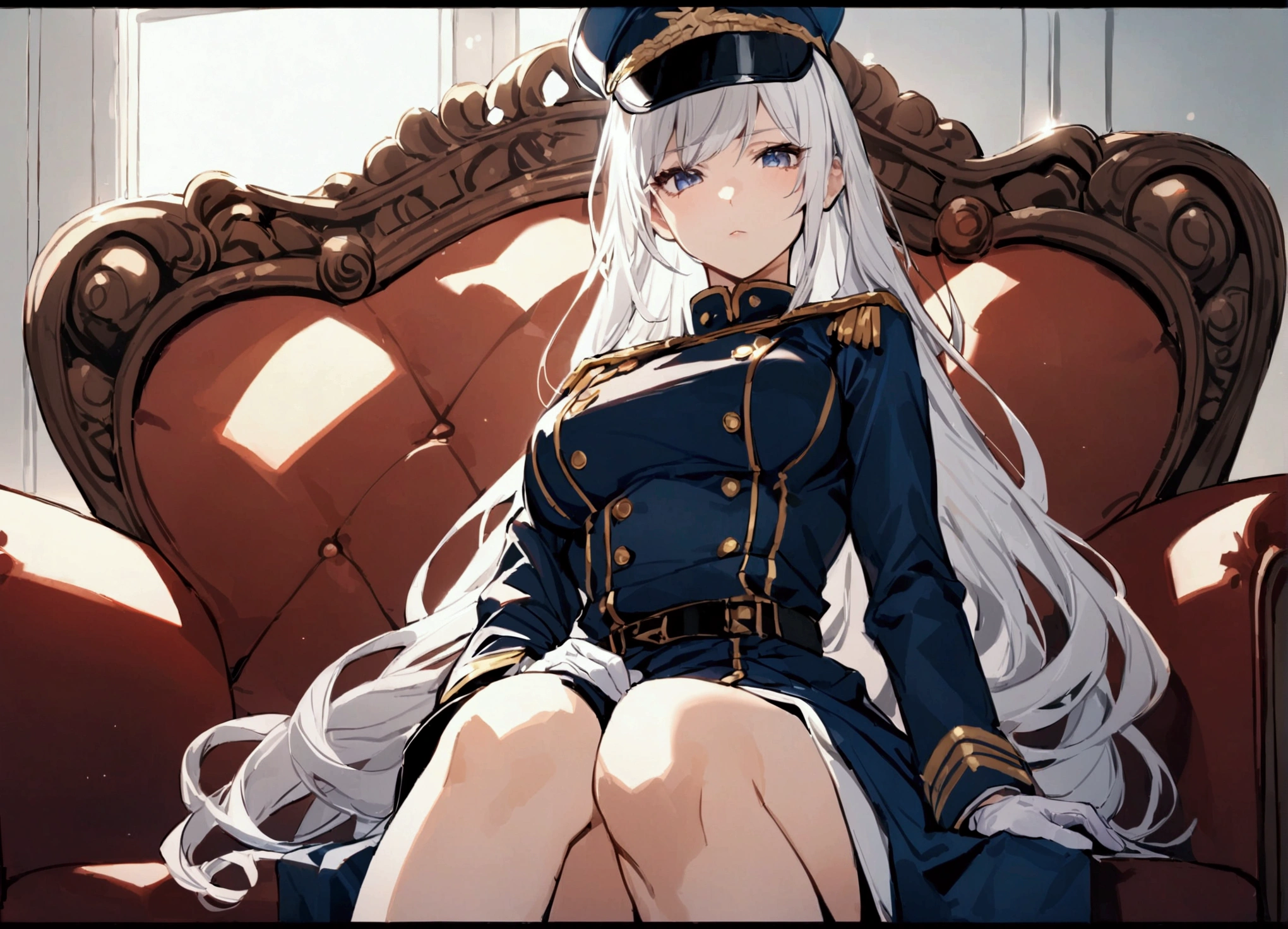 Office background, Military uniform, dark blue uniform, white glove, military cap, 1girl, white hair, shining hair, medium breast, sitting on couch, facing viewer, arrogant,