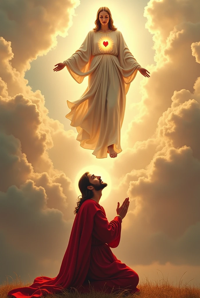 (photorealism:1.2), Crying Jesus Christ, kneel praying under the foot of virgin Mary floating from the heaven that sorrounded of many clouds, wearing red king clothes with light in his head and heart spreading all over, real five finger, real feet, real beautiful hair, real image, heaven outdoors, bright lighting, clouds in background, beautiful light, real heaven and clouds, relaxed pose, realistic, intricate details, bright colors,