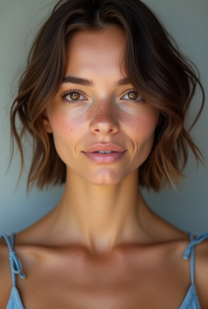 
Flat colors,close up, portrait,  of a 25 year old girl with the appearance of a surfer, tanned skin, ([brown eyes]) beach brown short hair, Natural beauty, beautiful, Casual, blue tank top, masterpiece, (([Simple gray background]))


