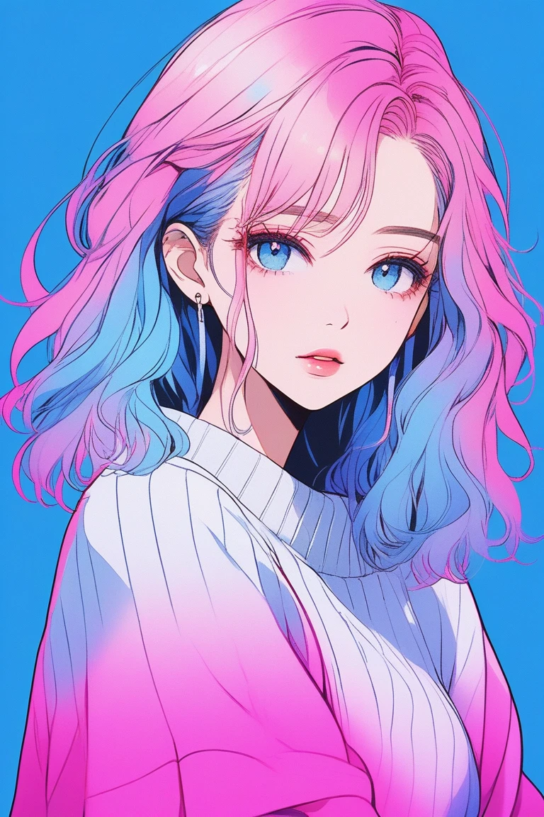 Beautiful detailed girl, Realistic anime style, Beautiful attention to detail, Beautiful lip detail, Very detailed顔, A beautiful girl wearing a sweater, 1 person, order, Blue gradient background, Neon Hair, Texture Trim, Canadian, (masterpiece, Highest quality, 4K, 8k, High resolution, Very detailed, Realistic)