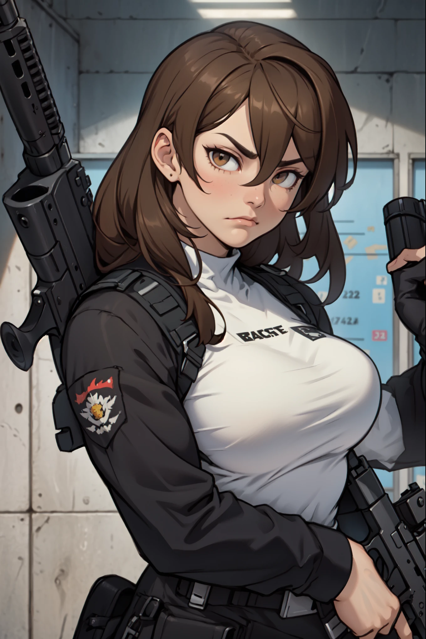 brown hair hazel eyes solo muscular girl toned body perky breasts empty eyes frown thick pale skin shooting range weapon gun firearm tactical gear shooting range weapon gun firearm tactical gear shooting range weapon gun firearm tactical gear 