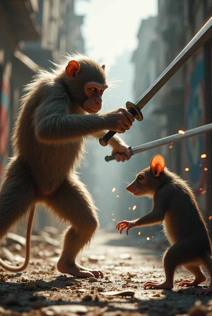 A monkey and a rat with swords in an action movie 