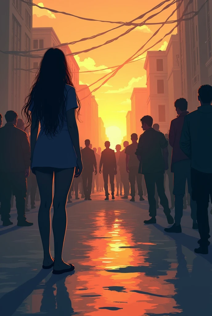 Create an image of a rape victim standing alone asking for help from a distance but alot of crowded people standing one side not helping her make the image cartoonish